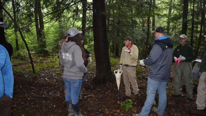 DCNR Forester Bill Laubscher, center, demonstrates the application of insecticide around the base of hemlock trees. 