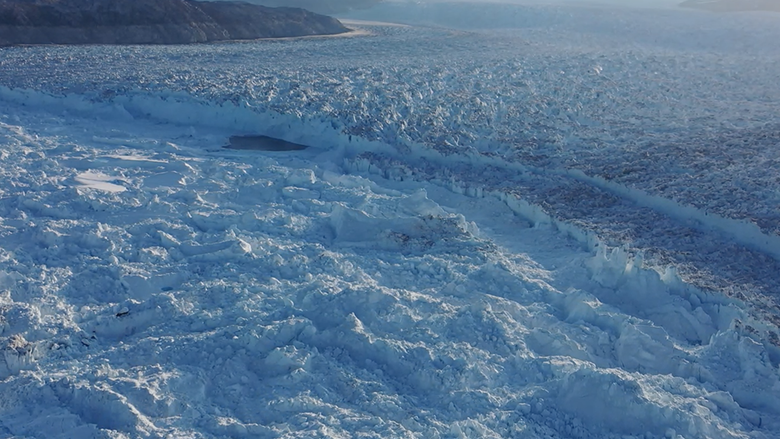 A drone image from above Helheim Glacier in Greenland  